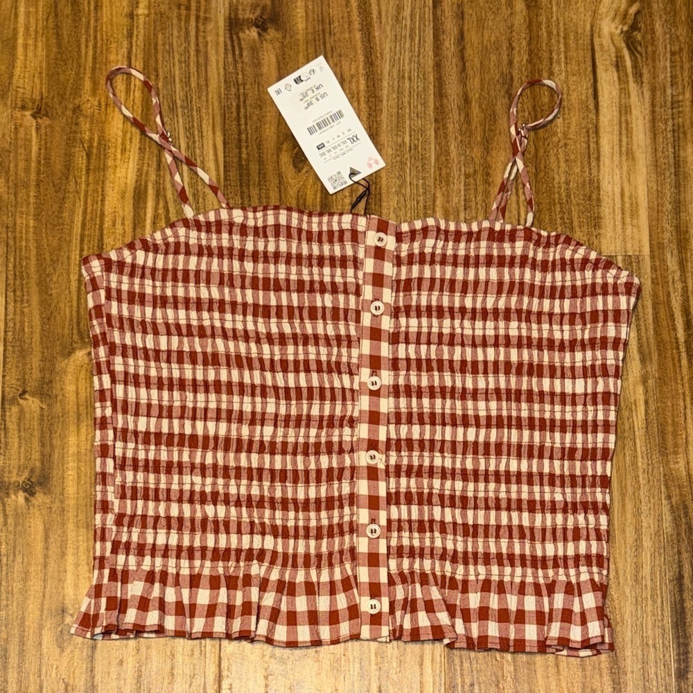 Zara women top xxl 2x Gingham checker Print Spaghetti Strap Peplum red whirr nwt